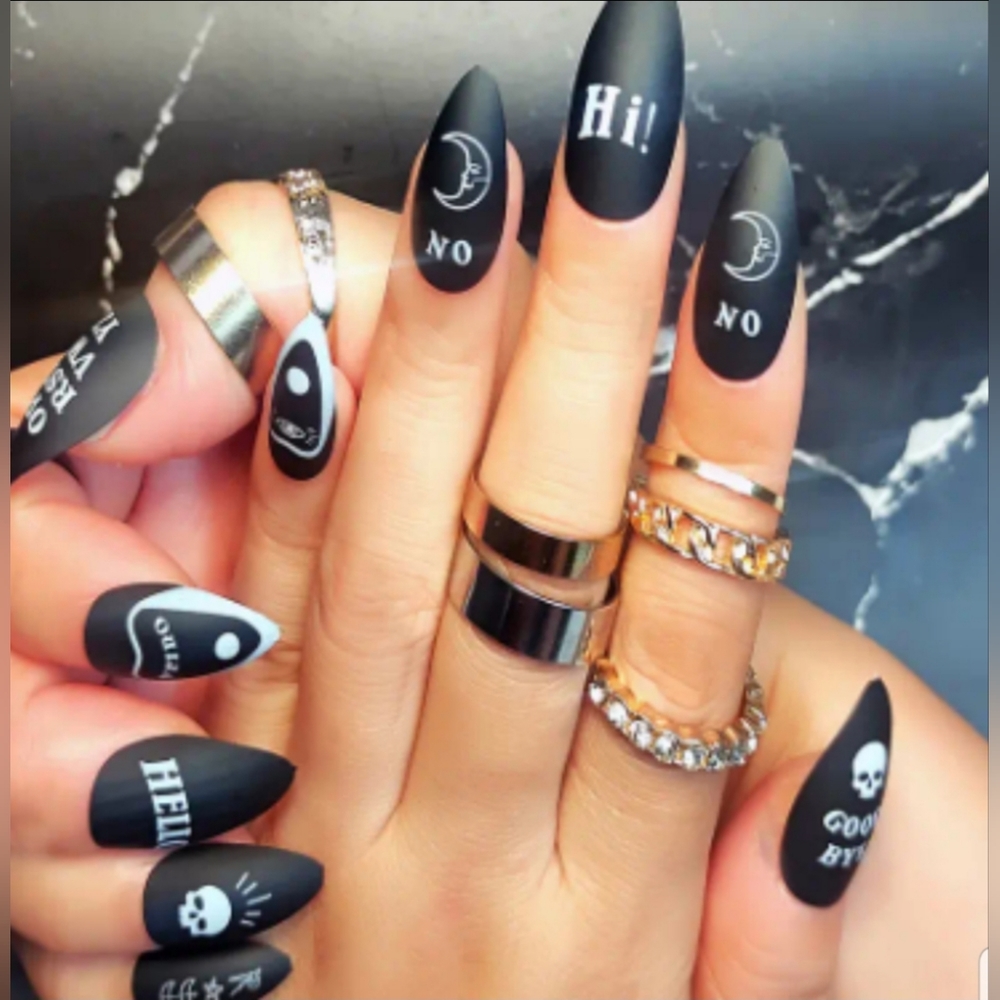 NWT Matte Black Stiletto Ouija Board Press On Nails